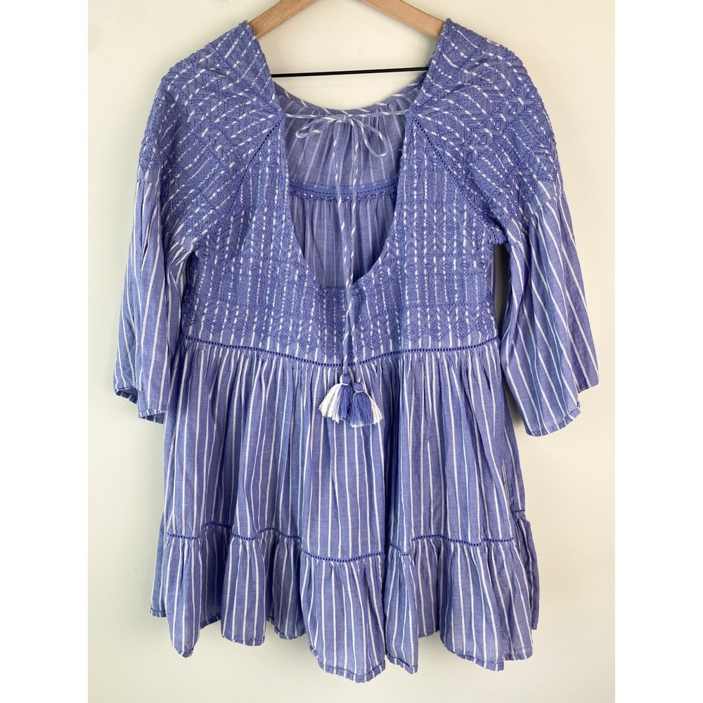Free People Lola Embroidered Striped Mini Dress S Blue Tiered Coastal Festival - Picture 4 of 7